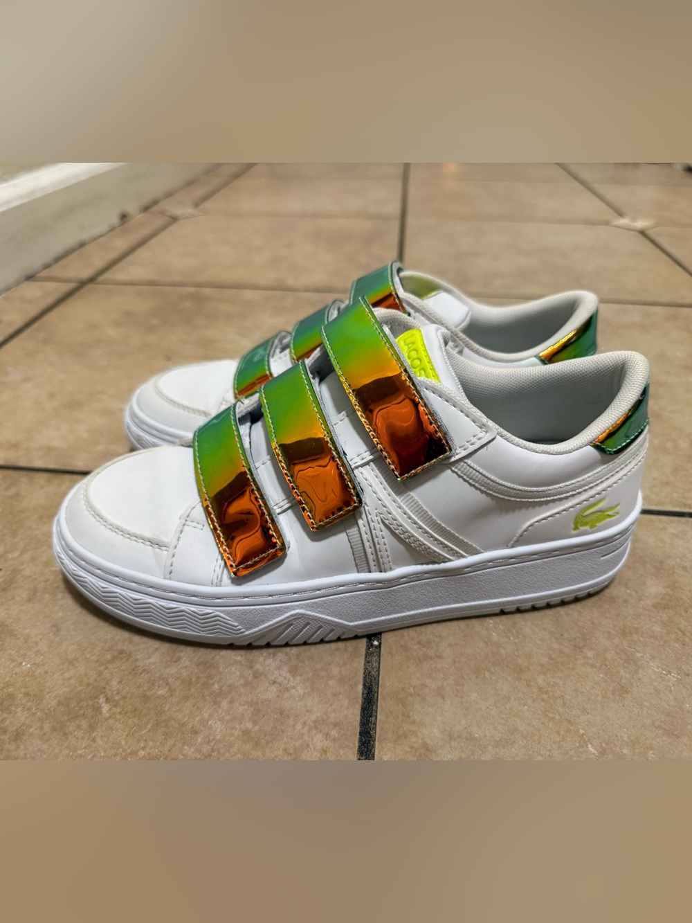 Kids Lacoste White Sneakers with Iridescent Orange-Green Straps